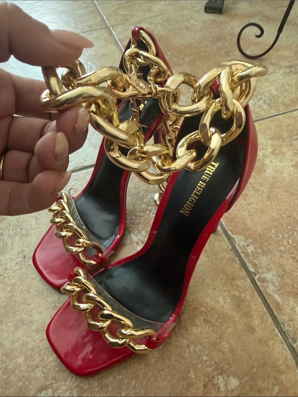 True Religion Red Patent Chain-Trim Block Heel Sandals